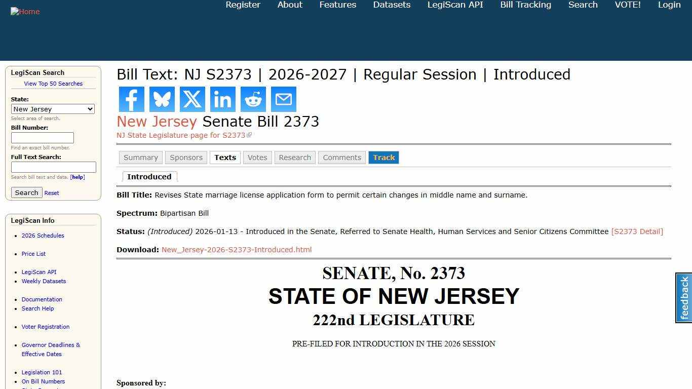 Bill Text: NJ S2373 2026-2027 Regular Session Introduced LegiScan
