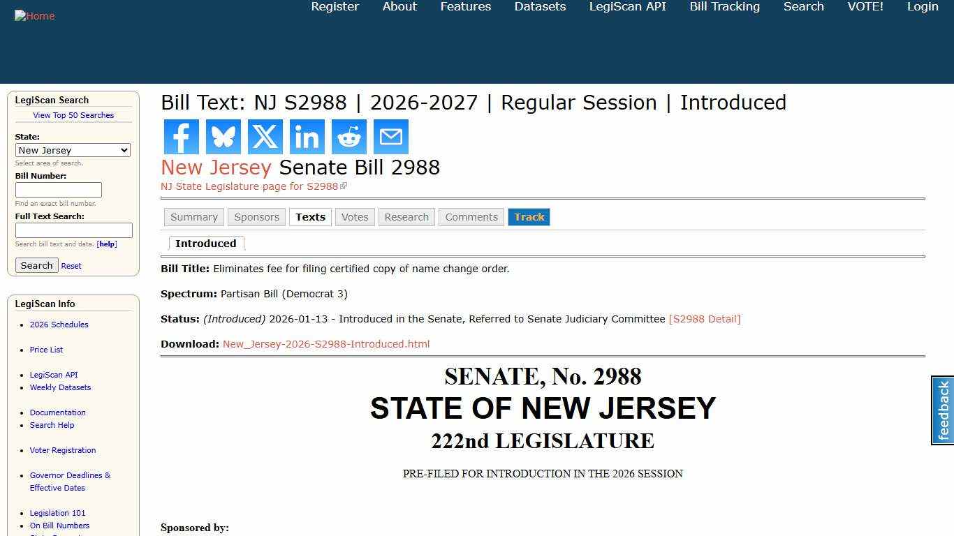 Bill Text: NJ S2988 2026-2027 Regular Session Introduced LegiScan