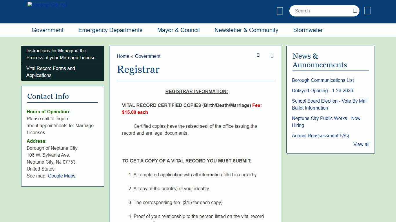 Registrar Neptune City, NJ